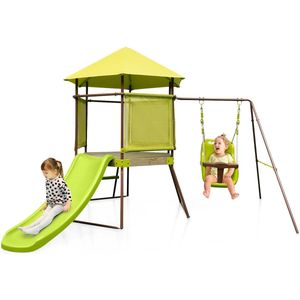 COSTWAY Speeltoren, klimrek met schommel, glijbaan en ladder, outdoor kinderklimtoren, kinderspeelplaats voor tuin