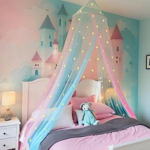 Goodivery ® Prinses regenboog-bedhemel met eenhoorn-slot licht op in het donker, bedhemel voor meisjes, kamerdecoratie of feeënthemafeest - Ster roze en blauw