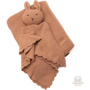 Snufie kadoset konijn knuffel en wiegdeken | 100% katoen | Premium babydeken | extra zacht 100x80cm | Basic Knit | Bruin Khaki