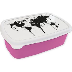 Broodtrommel Roze - Lunchbox - Brooddoos - Wereldkaart - Inkt - Zwart - Wit - Kinderen - Jongens - Meisjes - 18x12x6 cm - Kinderen - Meisje