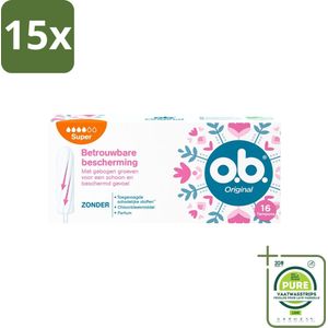 15 x o.b. Tampons - Original Super - Gebogen Groeven - Voor Betrouwbare Bescherming - 16 Tampons - Grootverpakking - Menstruatieschijfjes - Tampons - O.b. - Super - Gebogen Groeven