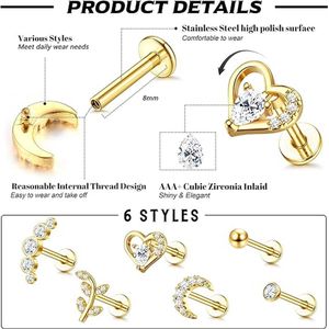 6Pcs 16G Kraakbeen Tragus Stud Oorbellen Voor Vrouwen Mannen Intern Schroefdraad CZ Maan Hart Blad Helix Conch Labret Monroe Oor Piercing Sieraden