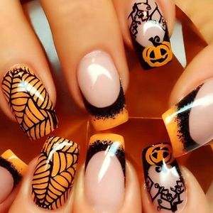 Allecto plus - Halloween kunstnagels set, 24 stuks korte vierkante nagels met spinnenweb en pompoen design