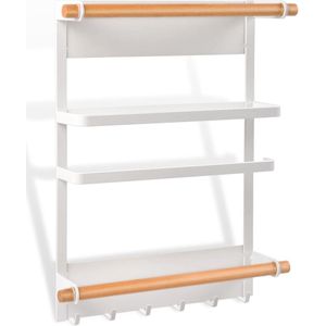 Kruidenrek, keukenrolhouder, koelkastorganizer, keukenorganizer, lade, keukenrek voor aan de muur, zonder boren, hangend kruidenrek met 6 haken, 245 x 74 x 340 mm, wit