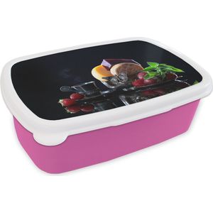 Broodtrommel Roze - Lunchbox - Brooddoos - Rustiek - Fruit - Kaas - Tafel - Stilleven - 18x12x6 cm - Kinderen - Meisje