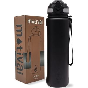 Cold Sip Thermosfles - Motivai® - Zwart - 700ML - Motivatie Waterfles - RVS - Isolerend - Motiverende Drinkfles met Rietje - BPA Vrij - Blijft extra lang koud - Thermosbeker - Waterfles - 24oz - Thermosfles