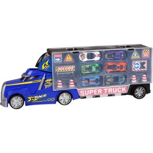 MEGA CREATIVE - Metalen vrachtwagen, sleepwagen/container met kleine auto's en wegaccessoires, voor vanaf 3 jaar / BLAUW