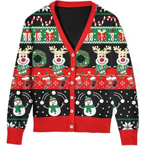 Foute Kersttruien voor Dames - Lange Mouwen, V-hals, Gebreid Vest met Knoopsluiting