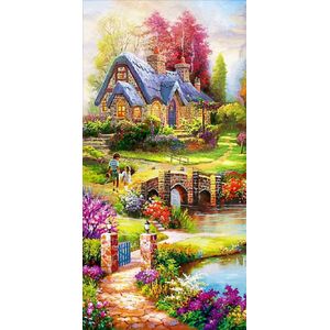 Diamond painting - Canvasdoek met voorbedrukte afbeelding - 45 x 85 huisjes in prachtig landschap