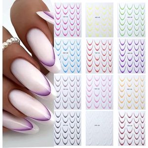 French Tip Nail Sticker Set with 12 Sheets Colourful Self-Adhesive Nail Film for Elegant 3D Designs in 9 Colours