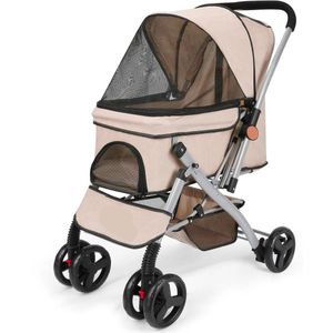 Hondenbuggy - Hondenkar - Kattenbuggy - Opvouwbare - Huisdierenbuggy - met Roterende Wielen en Rem – Tot 36 kg – Opvouwbaar met Opbergmand voor Kleine en Middelgrote Honden - Khaki