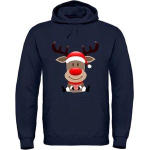 Foute Kersttrui Zittend Blij Rendier Donkerblauw - Unisex - Heren maat 5XL - Dames maat 6XL