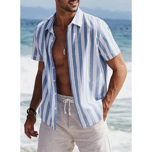 Gestreept overhemd voor heren - korte mouwen - vrijetijdshemd - zomer - casual - regular fit - hemelsblauw wit - 3XL