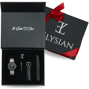Elysian - Horloge Geschenkset Vrouwen - Zilveren mesh horloge geschenkdoos met leren horlogebandje - Roestvrij Staal - Cadeau Voor Vrouw