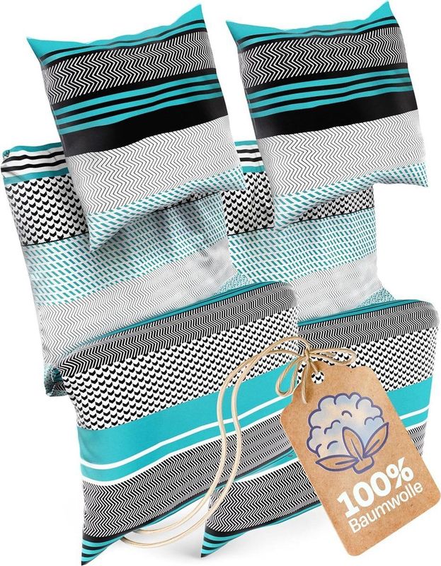 Sentidos - Beddengoedset - Turquoise/Zwart/Wit - 4-delig - 2× Dekbedovertrek 135×200 cm en 2× Kussensloop 80×80 cm