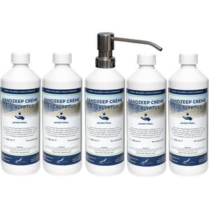 Handzeep Crème Eucalyptus 500 ml - set van 5 stuks - met gratis RVS zilverkleurige pomp - Voordeelverpakking