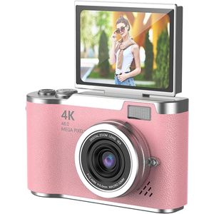 Digitale camera, 1080P HD 48MP digitale point-and-shoot camera met 2,4 inch HD-klapscherm, ingebouwde LED-vullamp, 8x digitale zoom, voor tieners en studenten - met 32G geheugenkaart (roze)