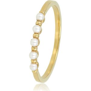 My Bendel - Goudkleurige ring met kleine witte parels - Goudkleurige aanschuifring met 5 kleine witte parels - Met luxe cadeauverpakking
