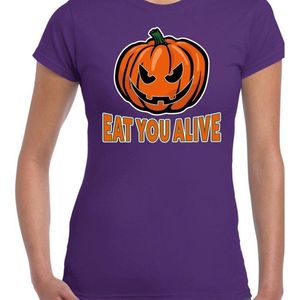 Halloween Halloween Eat you alive verkleed t-shirt paars voor dames - horror pompoen shirt / kleding / kostuum L
