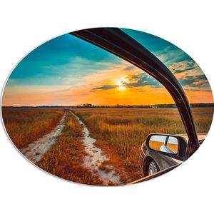 PVC Schuimplaat Ovaal - Uitzicht over Begroeide Vlakte vanuit Auto - 80x60 cm Foto op Ovaal (Met Ophangsysteem)