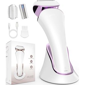 Elektrisch scheerapparaat voor vrouwen, damesscheerapparaat, bikini-trimmer, lichaamshaarverwijdering voor benen en oksels, pijnloos, draadloos, oplaadbaar, nat en droog (wit-paars)
