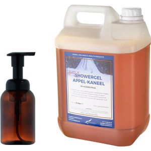 Zeepdispenser 300 ml amber bruin hervulbaar + 5 liter Showergel Appel-Kaneel navulling
