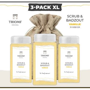 Deluxe Scrub & Badzout - 650 gram - Vanille - 3-Pack | Triomf Original - Luxe Wellness - Scrubzout Body Peeling Hammam - Hydraterende Lichaamsscrub - Sea Salt Bodyscrub - Verzorgings Giftset van 3 - Zeezout - Set Huidverzorging - Douche - Sauna - Bad