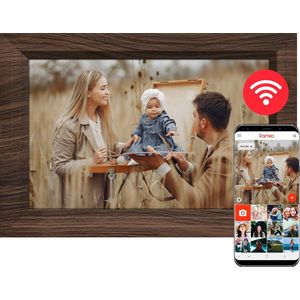 Digitale Fotolijst Met Houten Frame – 10.1"" - HD IPS Touchscreen - WiFi & Frameo App - Auto-Rotatie - 32GB Geheugen - Muurmontage & Staand Gebruik - Fotokader