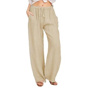 Damesbroek van katoen en linnen, zomerse wijde pijpen, casual losse broek met trekkoord en hoge taille, palazzobroek met zakken,Kaki,2XL