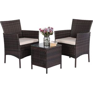 Set van 3 tuinmeubelen, tuinzitgroep, polyrotan, balkontafel met 2 stoelen, outdoor meubelset voor balkon en terras, bruin