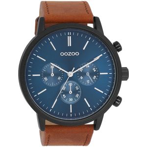 OOZOO Timepieces - Zwarte OOZOO horloge met bruine leren band - C11202