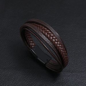 Heren Armband Leer met Enkele Vlecht - Bruin met Zwarte Sluiting - Armbanden - Cadeau voor Man