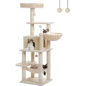 Go-shipping - Katten Krabpaal - Hoge Multi-Level Kattenboomtoren - Krabpaal Hout - Kattenboom met Hangmat - 150CM - Beige