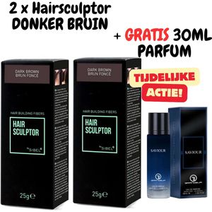 HAIR SCULPTOR 2 X DONKER BRUIN HAIR BUILDING FIBERS 25GR + 30ML GRATIS PARFUM