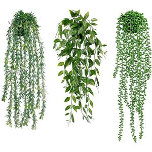 Kunst Hangplanten Eucalyptus Bladeren met Potten - Set van 3 - 63 cm Lang - Onderhoudsvrije Kunst Klimop Planten - Wijnstok voor Huis Tuin - Binnen Buiten Decor - Vetplanten kunstvaren voor binnen
