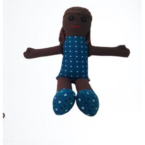 Jacqui's Arts & Designs - African design - Zuko Doll - lappenpop - Dembe - donkere pop - Afrikaanse print - bruine pop - bruine vlechtjes - Afrikaanse kleding - handgemaakt - shweshwe stof - turquoise - stoffen pop - knuffel - Zuid Afrika