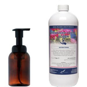 Zeepdispenser 300 ml amber bruin hervulbaar + 1 liter Handzeep Crème Rozen navulling