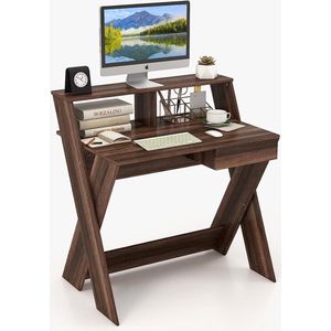 computertafel met lade, bureau met monitorverhoging, werktafel X-vormig hout voor kleine ruimtes, thuis en op kantoor, 90 x 61 x 94 cm (walnoot)