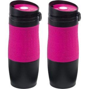 2x Thermosbekers/warmhoudbekers roze/zwart 380 ml - Thermo koffie/thee isoleerbekers dubbelwandig met schroefdop