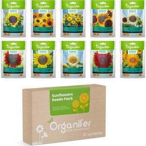 Zonnebloem Zadenpakket - 10 Soorten - Organifer - n Inclusief Avondzon & Moonwalker, Non-GMO - Ideaal voor Kleurrijke & Majestueuze Tuinen, Geschikt voor Potten & Borders, Gemakkelijk te Kweken met Compleet Groei-instructies, Voor Tuinliefhebber