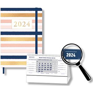 MGPcards - Agenda 2024 - A5 (21,5x15,5 cm) - Foliedruk - Week op 2 pagina's - Ruime Vakken - Gestreept + Burokalender Blauw