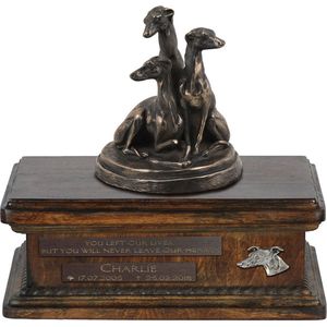 Persoonlijke urn hond voor whippet-hond, houten urn hond met beeldje