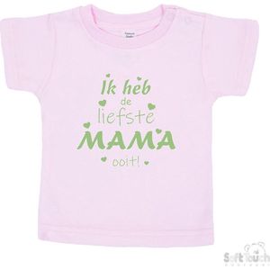 Soft Touch T-shirt Shirtje Korte mouw ""Ik heb de liefste mama ooit!"" Unisex Katoen Roze/sage green (saliegroen) Maat 62/68