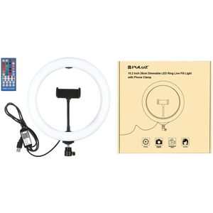 PULUZ 10,2 inch 26 cm USB RGBW dimbare LED-ringvlog-fotografie-videoverlichting met statiefkogelkop, afstandsbediening en telefoonklem