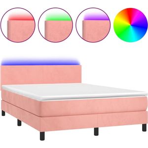 vidaXL-Boxspring-met-matras-en-LED-fluweel-roze-140x190-cm