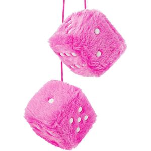 Fuzzy dobbelstenen voor autospiegel paar retro 7 cm met witte stippen (roze)