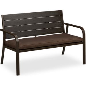 Relaxdays tuinbank met kussen - kunststof en staal - 2 personen - moderne houtlook - bruin