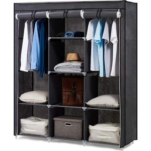 Grote canvas kledingkast opslag organizer - 2 hangende rail - opvouwbare kast - woonkamer slaapkamer - 175 x 150 x 45 cm - grijs kledingkasten slaapkamer