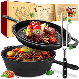 KRUSTENZAUBER® Gietijzeren Braadpannen Set 26 cm inclusief Vleesvork - Robuuste 2-in-1 braadpan koekenpan set van geschikt voor oven - Ideaal als kookpot, braadpan inductie, gietijzeren pot