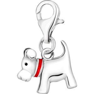 Quiges – 925 - Zilver – Charm - Bedel - Hanger - 3D Hondje met Rode Halsband - met – sterling - zilver - karabijnslot - geschikt - voor - Zinzi, Thomas – Sabo - Ti Sento - Bedelarmband HC129
